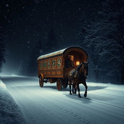 A single gypsy caravan making its way down a snow-covered road during a dark, stormy night