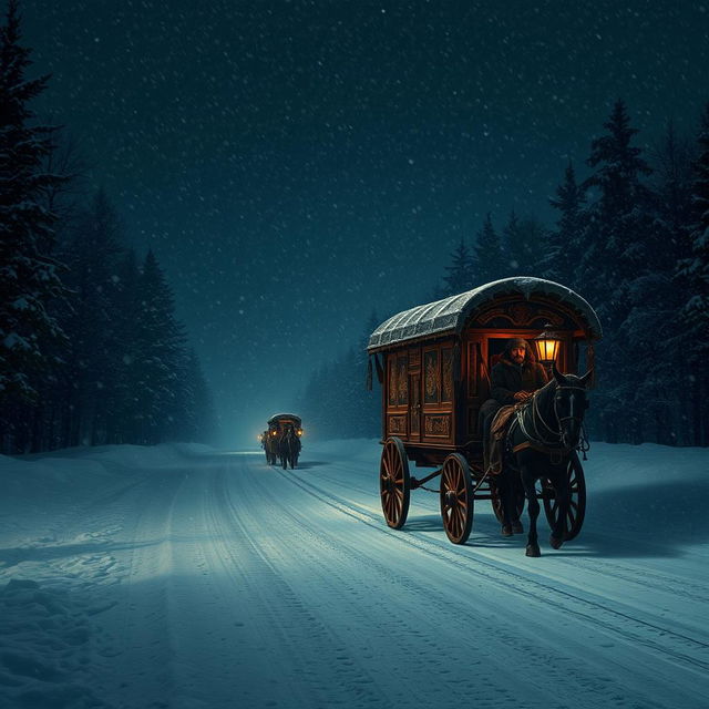 A single gypsy caravan making its way down a snow-covered road during a dark, stormy night