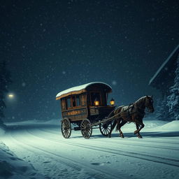 A single gypsy caravan making its way down a snow-covered road during a dark, stormy night