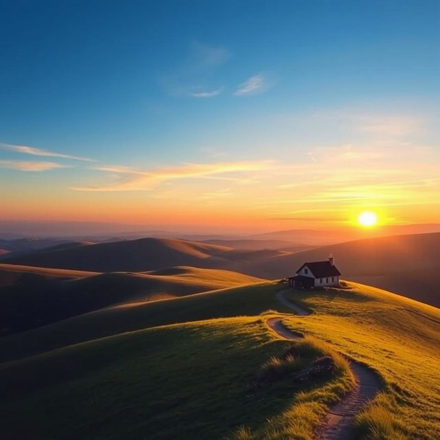 Create a beautiful landscape with rolling hills, a clear blue sky, and a vibrant sunset