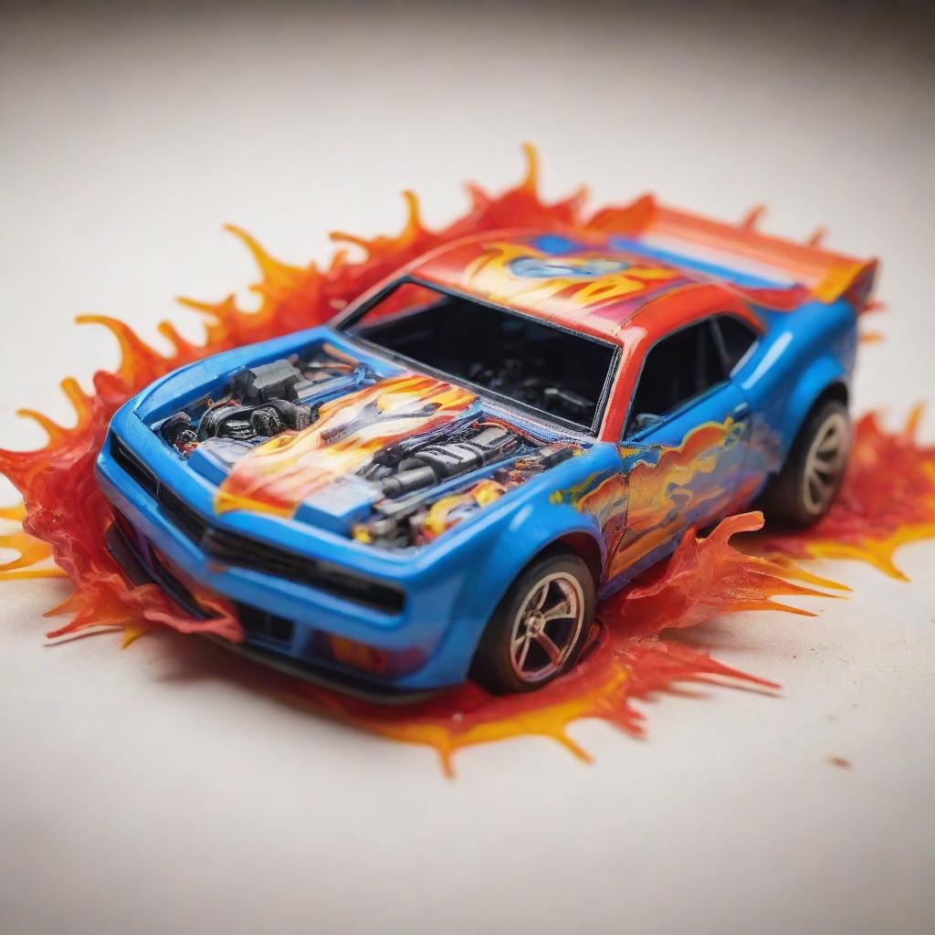 A vibrant, intricately detailed model of a crashed Hot Wheels car, passionately radiating the chaos of a miniature collision