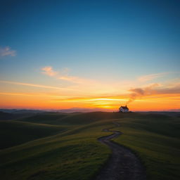 Create a beautiful landscape with rolling hills, a clear blue sky, and a vibrant sunset