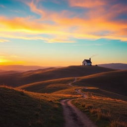 Create a beautiful landscape with rolling hills, a clear blue sky, and a vibrant sunset