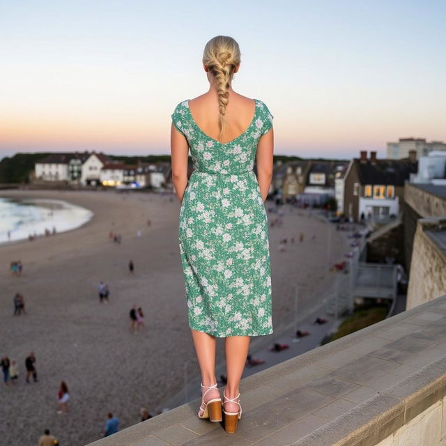 A curvy blond woman with hair in a plait, standing on the harbour wall of St Ives, Cornwall overlooking the beach