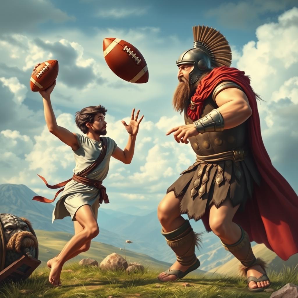 An epic scene depicting David slaying Goliath with a football