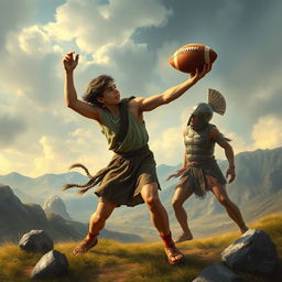 An epic scene depicting David slaying Goliath with a football