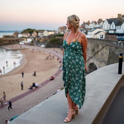 A curvy blond woman with hair in a plait, standing on the harbour wall of St Ives, Cornwall overlooking the beach