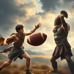 An epic scene depicting David slaying Goliath with a football