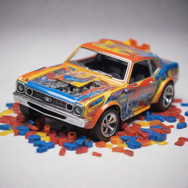 A vibrant, intricately detailed model of a crashed Hot Wheels car, passionately radiating the chaos of a miniature collision