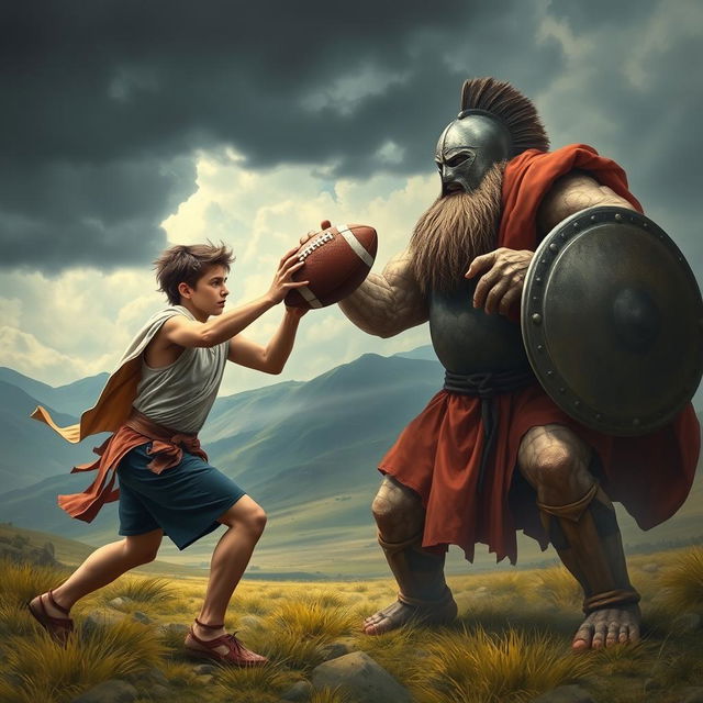 An epic scene depicting David slaying Goliath with a football