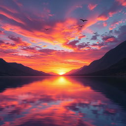 Create a vibrant and colorful image of a beautiful sunset over a serene lake with mountains in the background