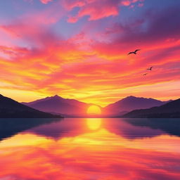 Create a vibrant and colorful image of a beautiful sunset over a serene lake with mountains in the background