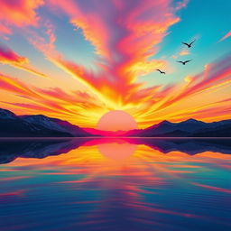 Create a vibrant and colorful image of a beautiful sunset over a serene lake with mountains in the background