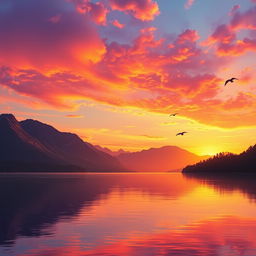 Create a vibrant and colorful image of a beautiful sunset over a serene lake with mountains in the background