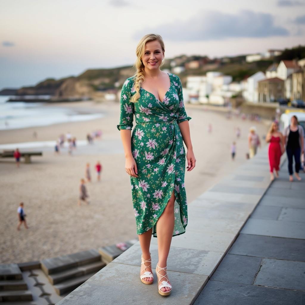 A curvy blond woman with hair in a plait, standing on the harbour wall of St Ives, Cornwall with the beach behind her