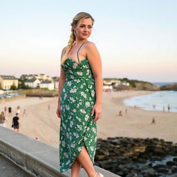 A curvy blond woman with hair in a plait, standing on the harbour wall of St Ives, Cornwall with the beach behind her