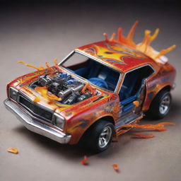 A vibrant, intricately detailed model of a crashed Hot Wheels car, passionately radiating the chaos of a miniature collision