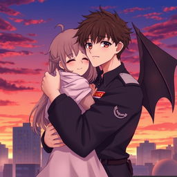 An anime-style image of a handsome young man in a police uniform with devil wings on his back, hugging a pretty girl