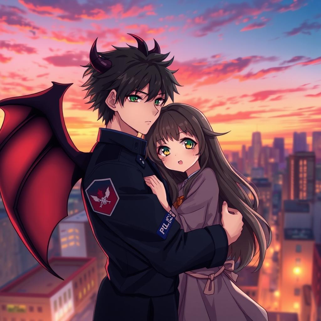 An anime-style image of a handsome young man in a police uniform with devil wings on his back, hugging a pretty girl