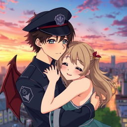 An anime-style image of a handsome young man in a police uniform with devil wings on his back, hugging a pretty girl