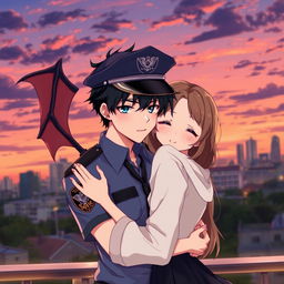 An anime-style image of a handsome young man in a police uniform with devil wings on his back, hugging a pretty girl