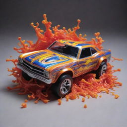 A vibrant, intricately detailed model of a crashed Hot Wheels car, passionately radiating the chaos of a miniature collision