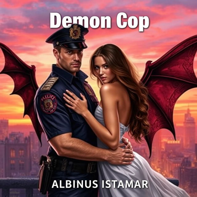 A handsome man in a police uniform with devil wings on his back, embracing a pretty girl