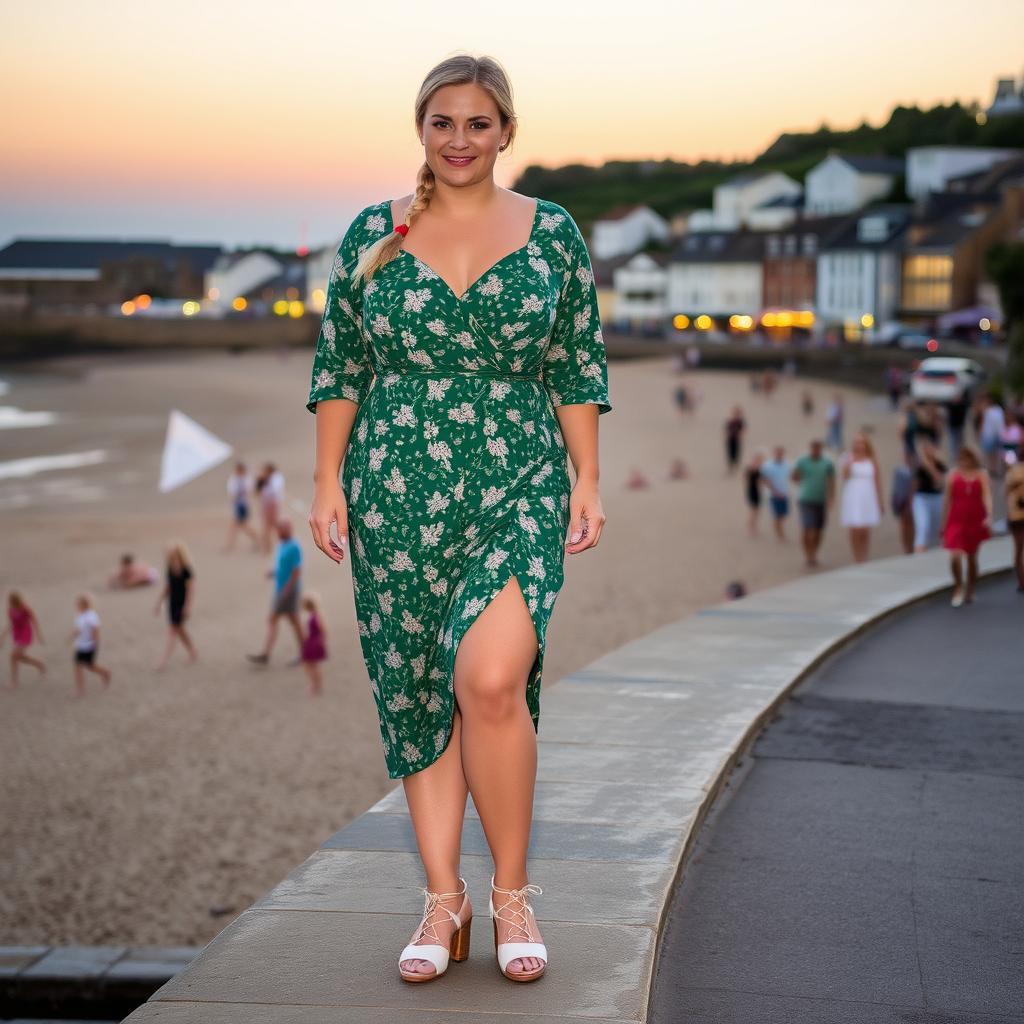 A curvy blond woman with thick thighs and hair in a plait, standing on the harbour wall of St Ives, Cornwall with the beach behind her