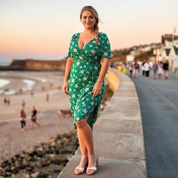 A curvy blond woman with thick thighs and hair in a plait, standing on the harbour wall of St Ives, Cornwall with the beach behind her