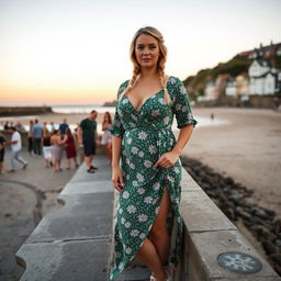 A curvy blond woman with thick thighs and hair in a plait, standing on the harbour wall of St Ives, Cornwall with the beach behind her