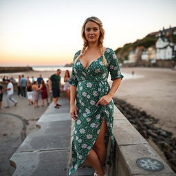 A curvy blond woman with thick thighs and hair in a plait, standing on the harbour wall of St Ives, Cornwall with the beach behind her