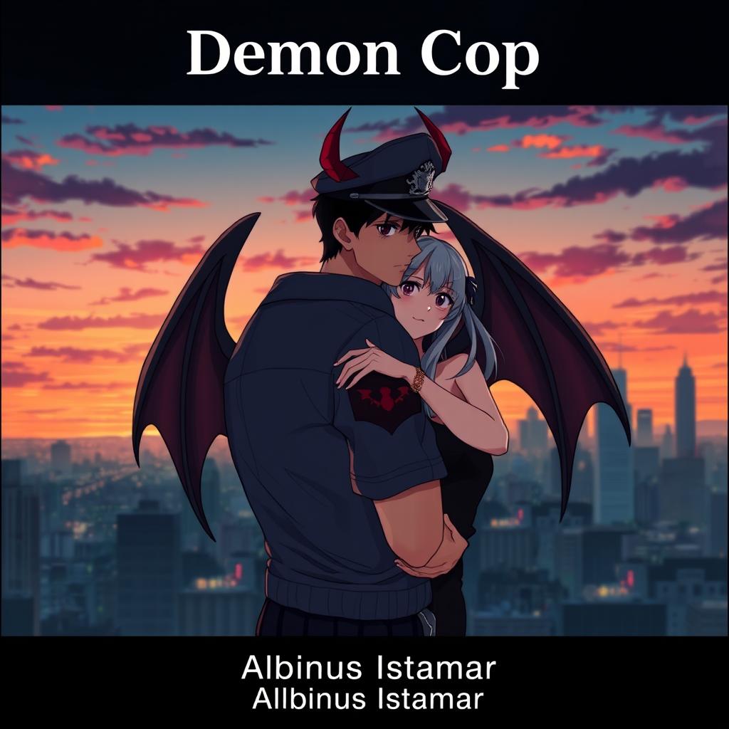 An anime-style image of a handsome man in a police uniform with devil wings on his back, embracing a pretty girl