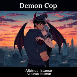 An anime-style image of a handsome man in a police uniform with devil wings on his back, embracing a pretty girl