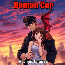 An anime-style image of a handsome man in a police uniform with devil wings on his back, embracing a pretty girl