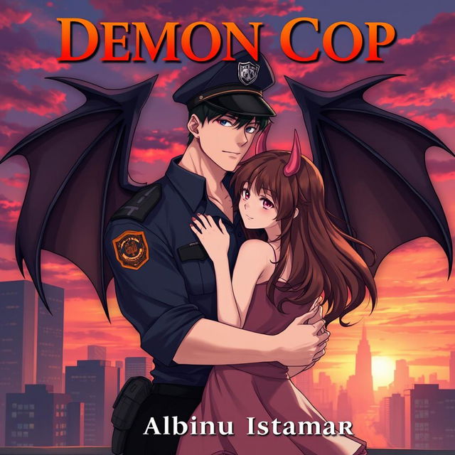 An anime-style image of a handsome man in a police uniform with devil wings on his back, embracing a pretty girl