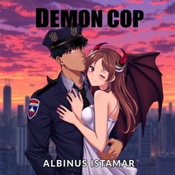 An anime-style image of a handsome man in a police uniform with devil wings on his back, embracing a pretty girl