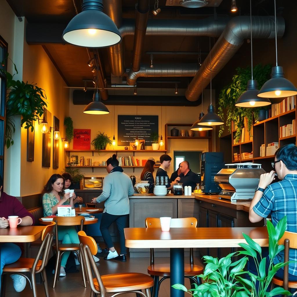 A cozy and inviting cafe with warm lighting, wooden furniture, and people enjoying their coffee