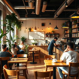 A cozy and inviting cafe with warm lighting, wooden furniture, and people enjoying their coffee