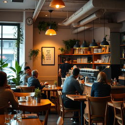 A cozy and inviting cafe with warm lighting, wooden furniture, and people enjoying their coffee