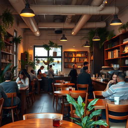 A cozy and inviting cafe with warm lighting, wooden furniture, and people enjoying their coffee