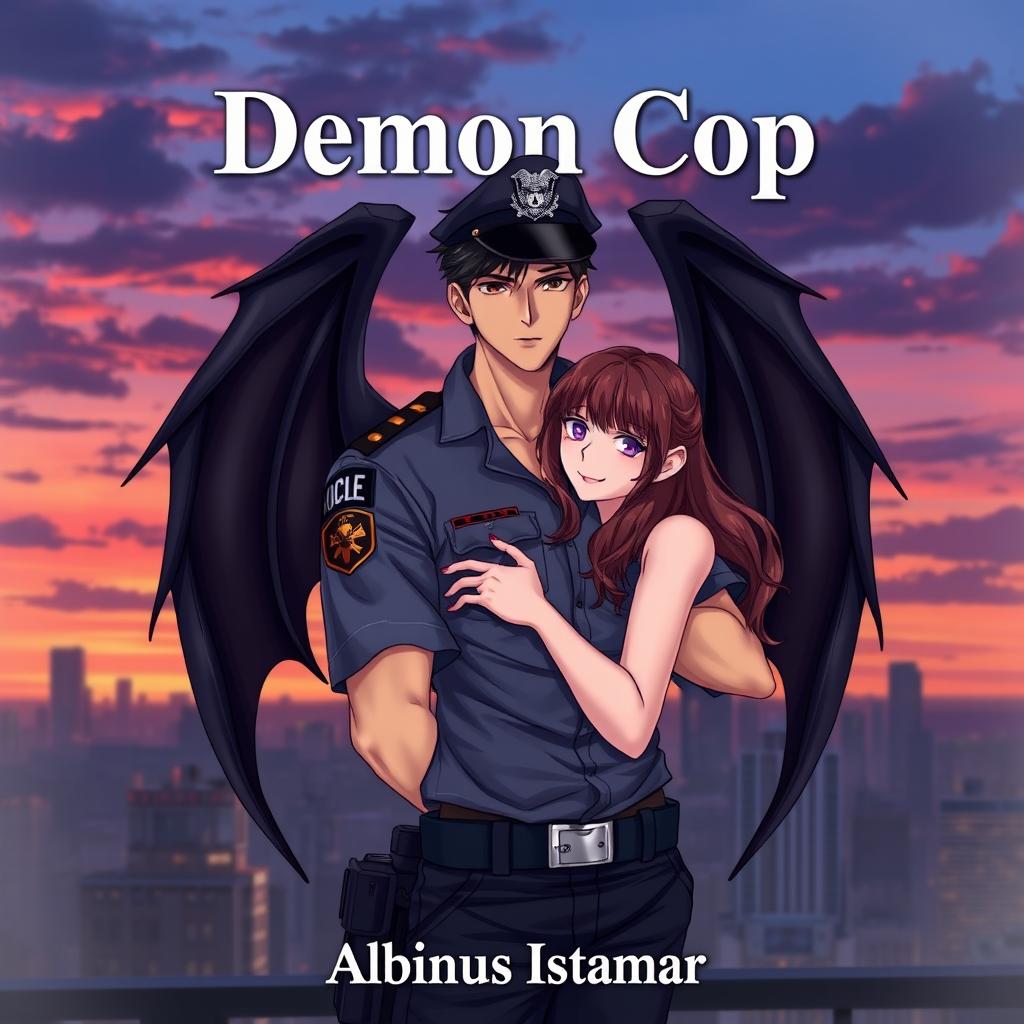 An anime-style image of a handsome man in a police uniform with black devil wings on his back, embracing a pretty girl