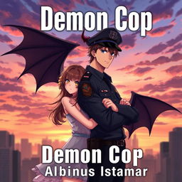 An anime-style image of a handsome man in a police uniform with black devil wings on his back, embracing a pretty girl