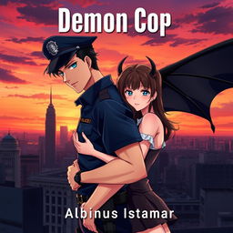 An anime-style image of a handsome man in a police uniform with black devil wings on his back, embracing a pretty girl