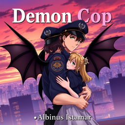 An anime-style image of a handsome man in a police uniform with black devil wings on his back, embracing a pretty girl