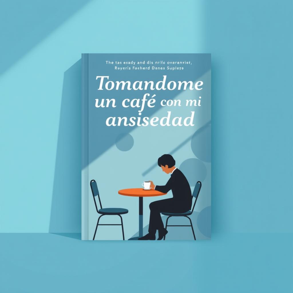 A book cover for 'Tomándome un café con mi ansiedad' with a color scheme dominated by shades of light blue