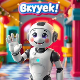 A friendly AI character waving and saying 'Привет!' in a colorful and cheerful environment