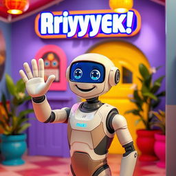 A friendly AI character waving and saying 'Привет!' in a colorful and cheerful environment