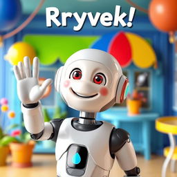 A friendly AI character waving and saying 'Привет!' in a colorful and cheerful environment