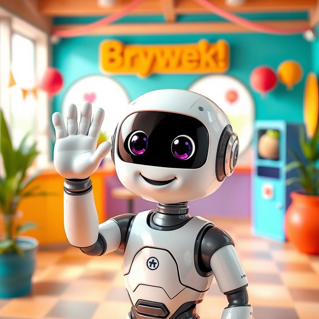 A friendly AI character waving and saying 'Привет!' in a colorful and cheerful environment