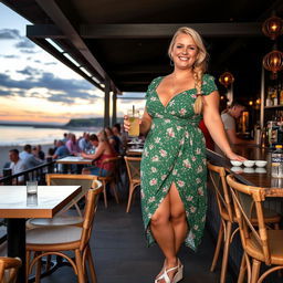 A curvy and plump blond woman with hair in a sexy plait is standing in a cafe overlooking the beach at St Ives